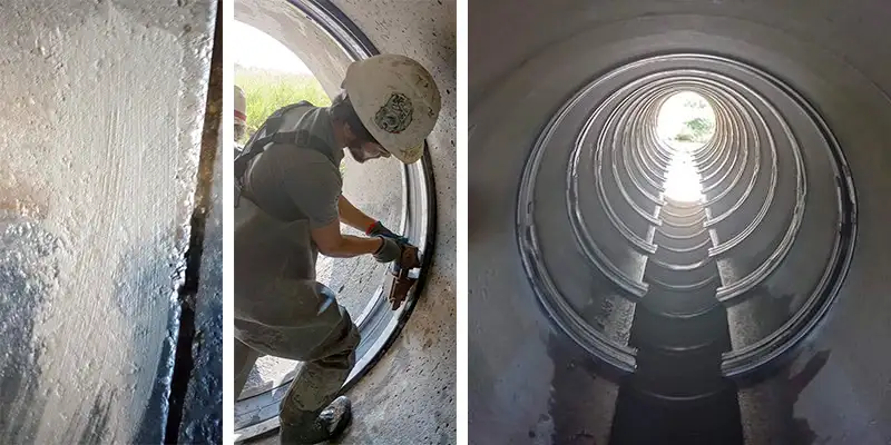 Three images of HydraTite being installed to rehab a circular culvert