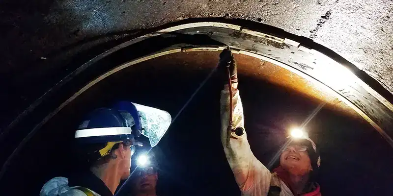Several technicians installing HydraTite in a large diameter pipe