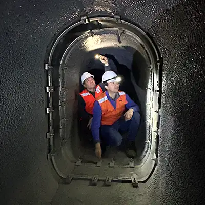 A couple technicians inspecting a HydraTite seal installed in an arched tunnel aqueduct inside a bridge