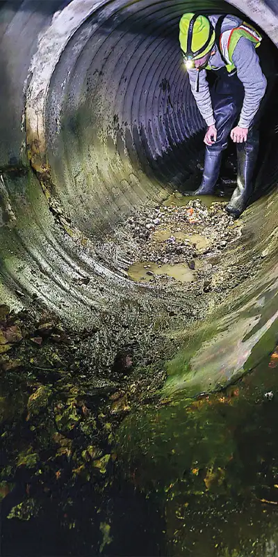 A technician inside a pipe inspecting a joint that is offset