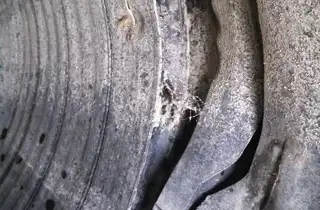 A portion of interior pipe wall that has been damaged