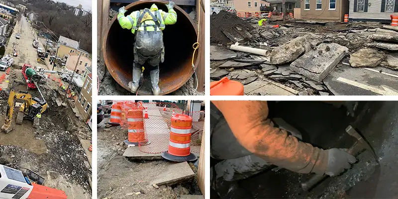 A pipe failure that resulted in severe above ground damage