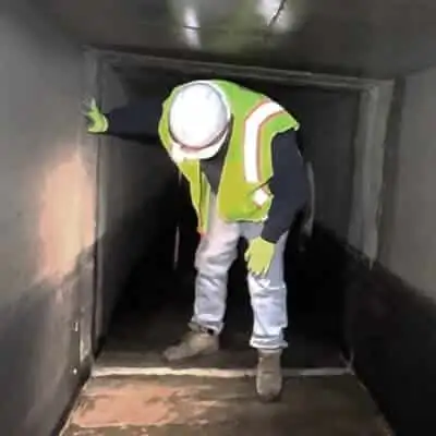 A technician inspecting a joint in a box-shaped flume