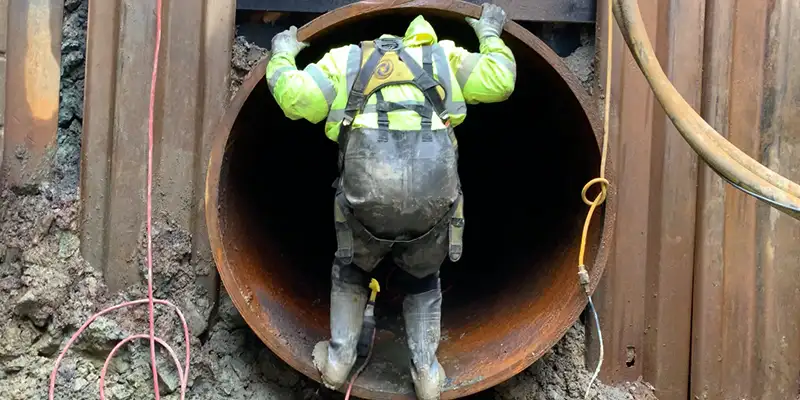 A technician stepping into a pipe