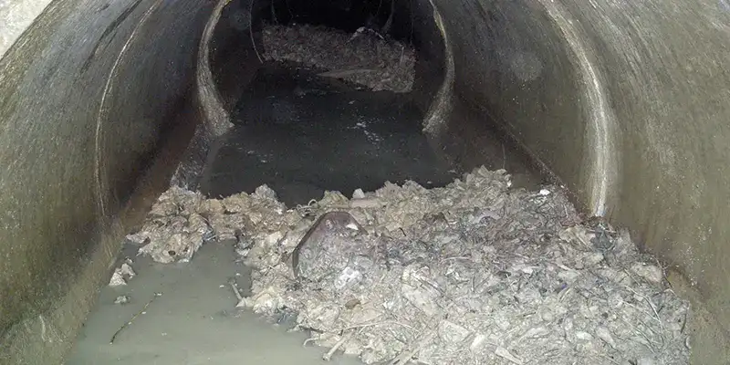 Heavy debris build up in a pipe limiting the flow of water