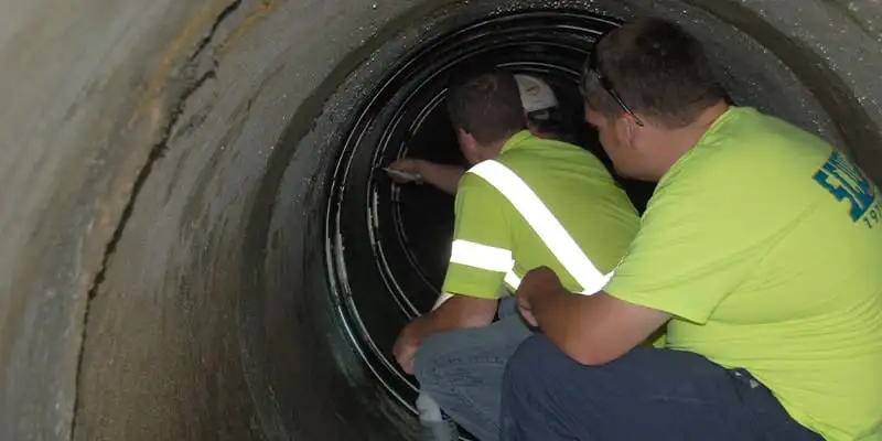Several technicians installing HydraTite inside a pipe to seal the joints from the inside