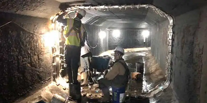Two technicians installing HydraTite in this irregularly-shaped pipe