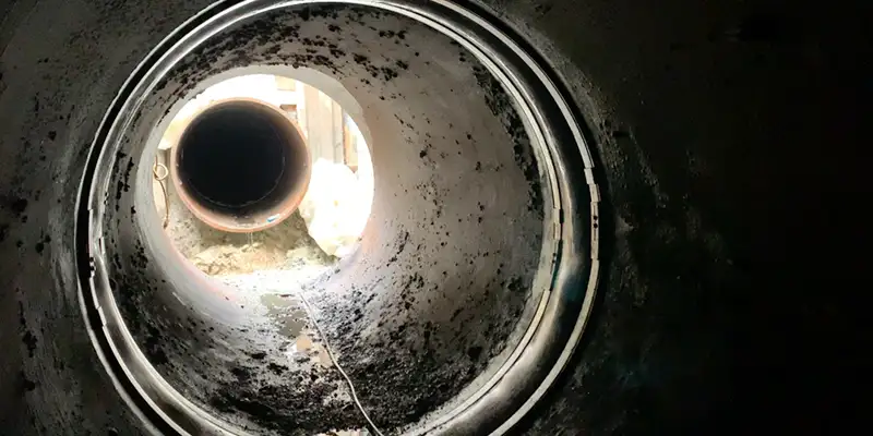 HydraTite installed over a joint in a dark pipe near the exit