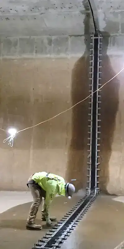 A technician installing HydraTite over a joint in a massive basin
