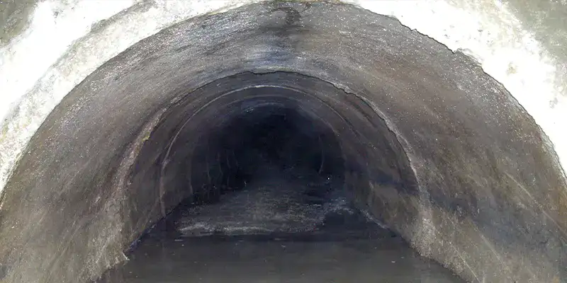 A pipe that has active flow slowed by debris