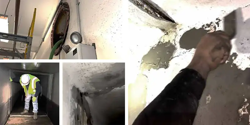 Several images of a box-shaped flume repair project