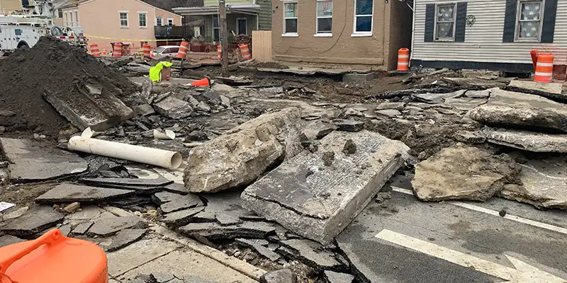 A completely destroyed road