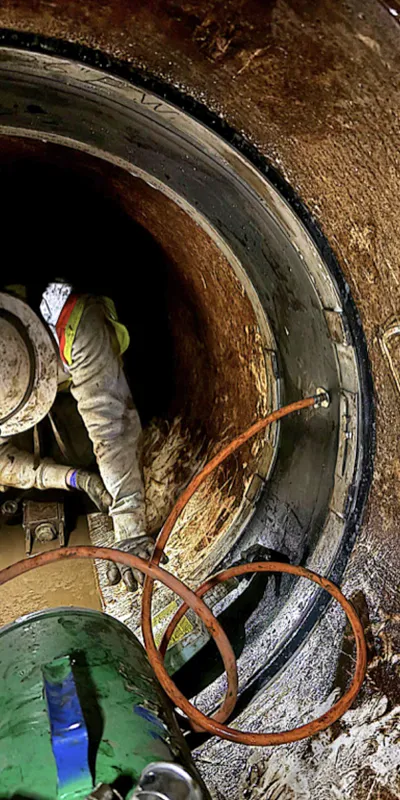 A technician air testing a HydraTite seal installation