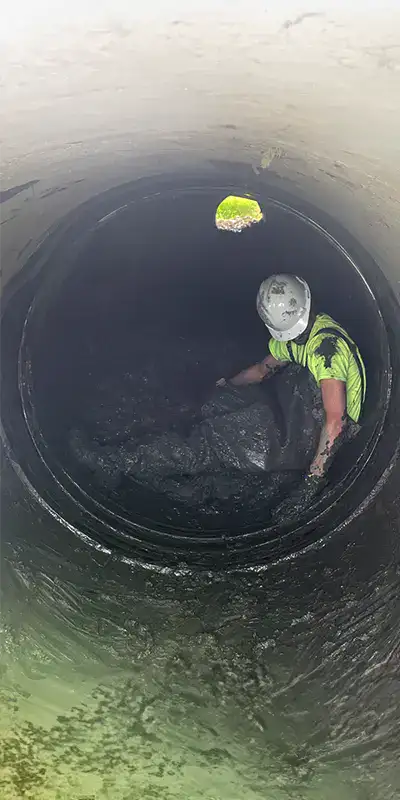 A field technician sitting in a muddy pipe