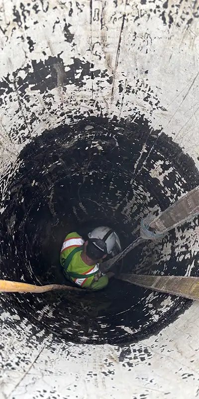 A technician working in a vertical pipe