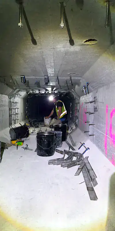 A long storm drain sump with anchors being put on either side of the joints