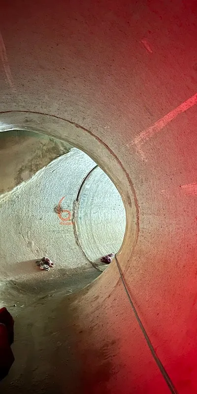 Inside a large-diameter pipe with red lights
