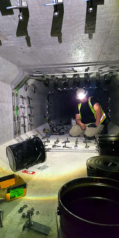 A long storm drain sump with anchors being put on either side of the joints