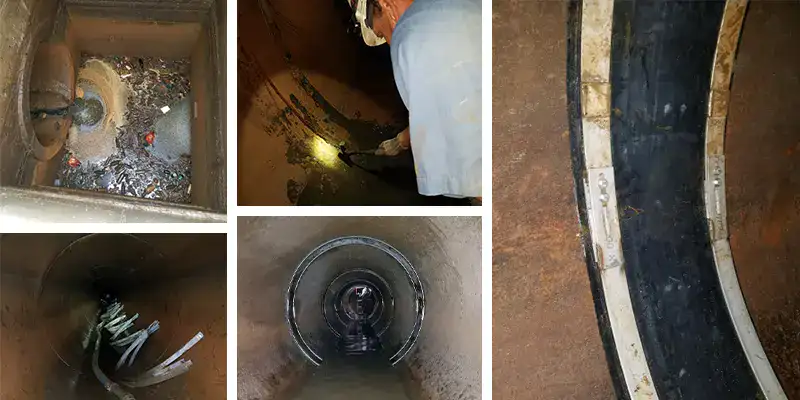 A collection of images of HydraTite being installed over joints to rehabilitate a pipe