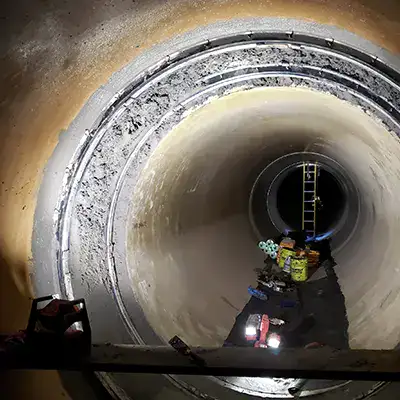Concrete packed into a pipe joint to help transition a joint