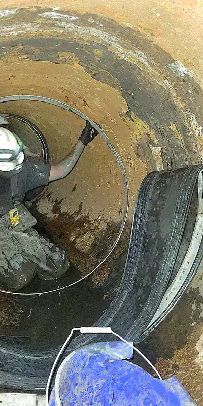 Technicians working inside a 48" pipeline to seal the joints with HydraTite