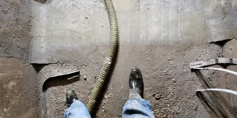 A technician looking down at the invert of an irregularly-shaped pipe