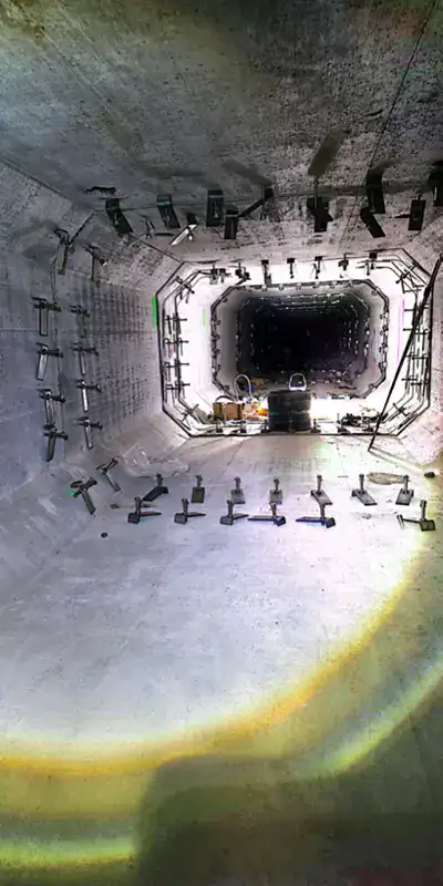A long storm drain sump with anchors on either side of the joints