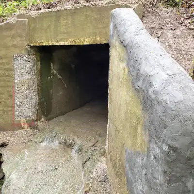 A concrete headwall being patched with concrete