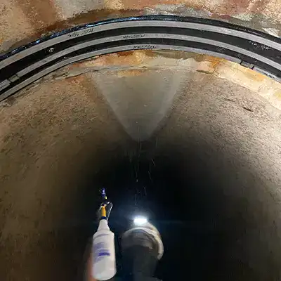 A technician spraying a soapy water solution on the edge of a HydraTite seal