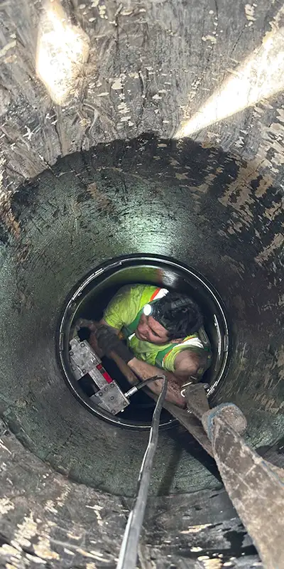 A technician working in a vertical pipe
