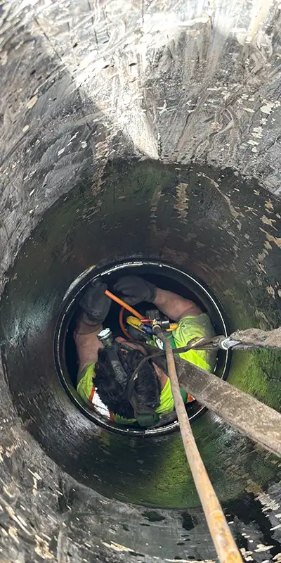 A technician working in a vertical pipe