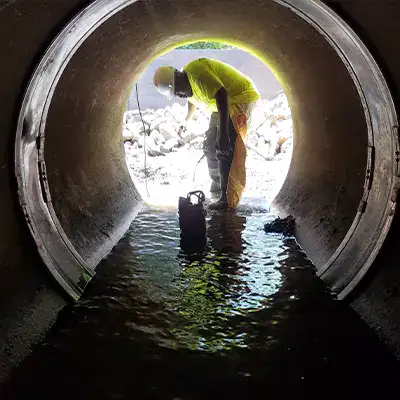 A technician looking into a pipe that has been sealed with HydraTite