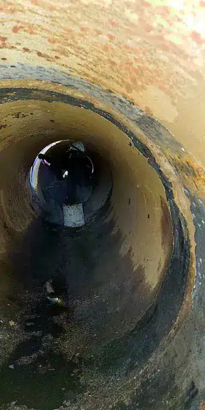 Technicians working inside a 48" pipeline to seal the joints with HydraTite