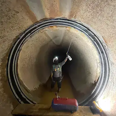 A technician spraying a soapy water solution on the edge of a HydraTite seal