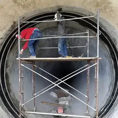 Technicians working on scaffolding to install a HydraTite seal on a large-diameter pipe joint