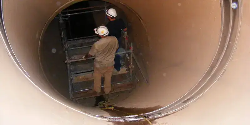 Two technicians installing HydraTite inside a large-diameter pipe