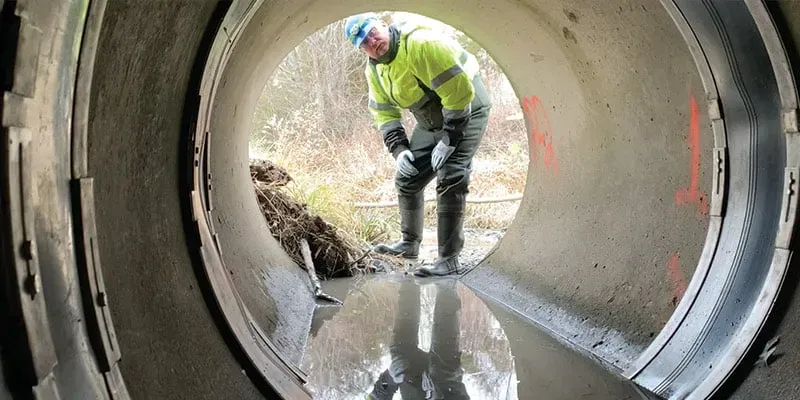 A man bent over looking into a pipe to see HydraTite seals installed over two joints