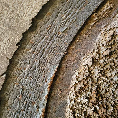 An interior view of a pipe that has had the mineral buildup removed from the interior walls near the pipe joint