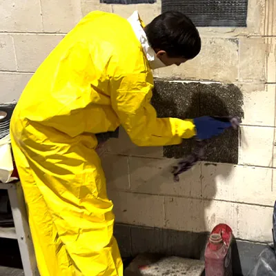 A technician carefully applying a saturated piece of carbon fiber fabric on the concrete wall