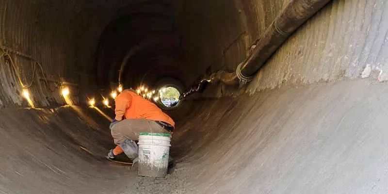 A technician sitting on a bucket in a corrugated metal pipe applying concrete to the invert in a field paving project to protect the pipeline from further rusting