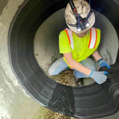 Adjusting the rubber seal over a pipe joint as part of the HydraTite installation process