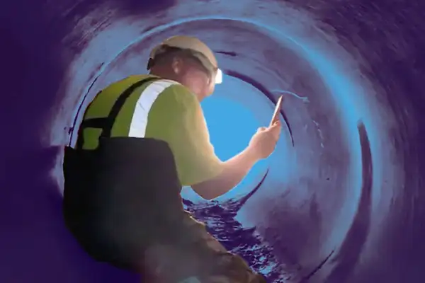 A technician inspecting a joint of a concrete culvert from the inside of the pipe