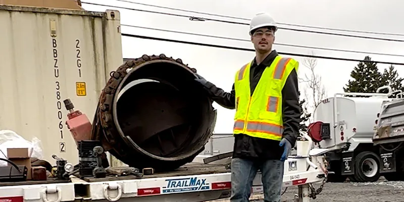 A technician standing next to a piece of pipe above ground preparing to demonstrate the HydraTite seal installation