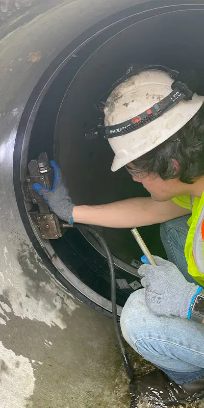 A technician using an expander to lock a retaining band in place to install HydraTite over a joint in a pipe