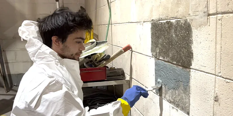 A technician brushing epoxy onto a concrete wall