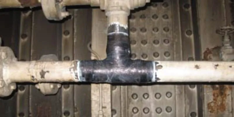 A tee fitting that has been given new strength by being wrapped in HydraWrap