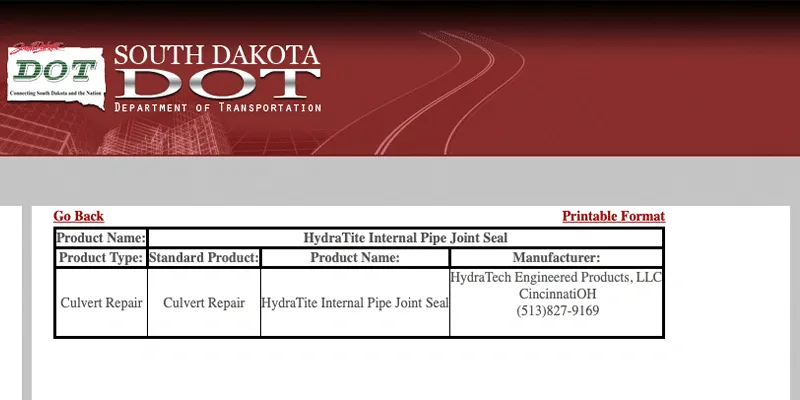A screenshot of a state listing HydraTite on their products list