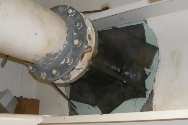 Bulkhead penetration point that has been reinforced with HydraWrap, the structurally composite repair system