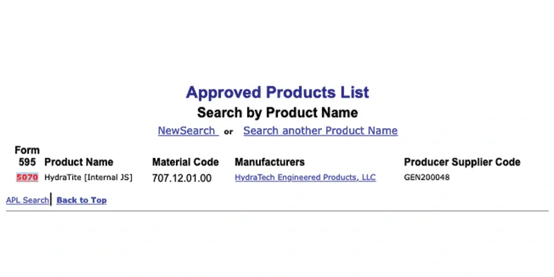 A screenshot of a state listing HydraTite on their products list