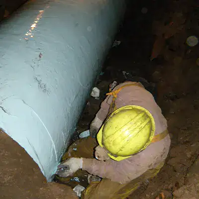 A section of a cast iron pipe that being coated in epoxy by a technician